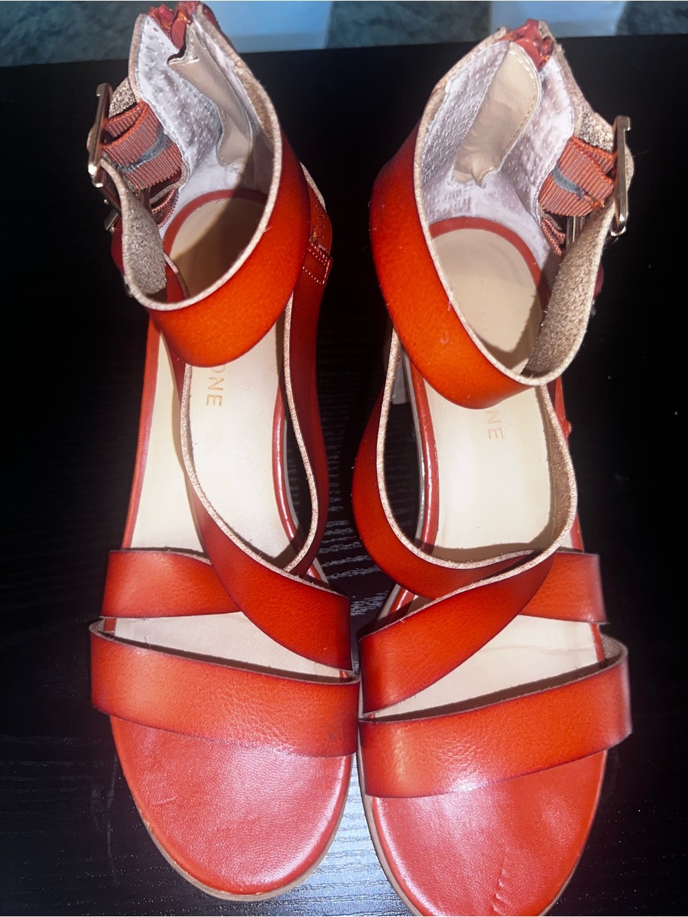 Sun + Stone Quinn Cognac Faux Leather Block Heel Sandals - Size 7.5